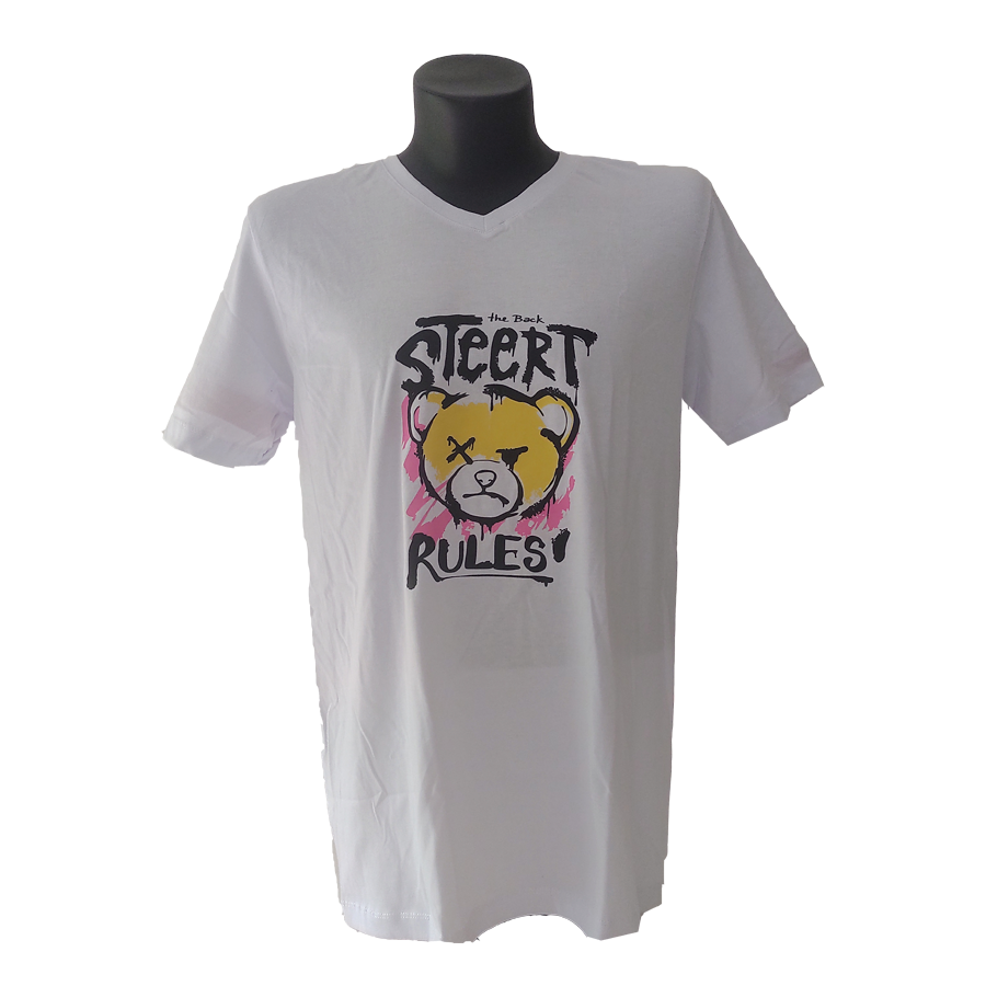 Camiseta hombre, blanca, mangas cortas, algodón, estampada DTF, The back steert rules