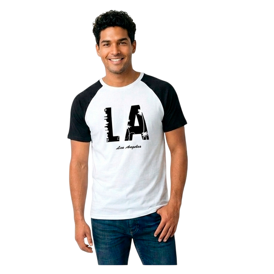Camiseta hombre, blanca, mangas negras, letras negras, LA Los Angeles