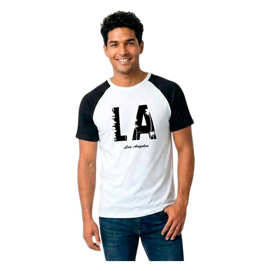 Camiseta hombre, blanca, mangas negras, letras negras, LA Los Angeles