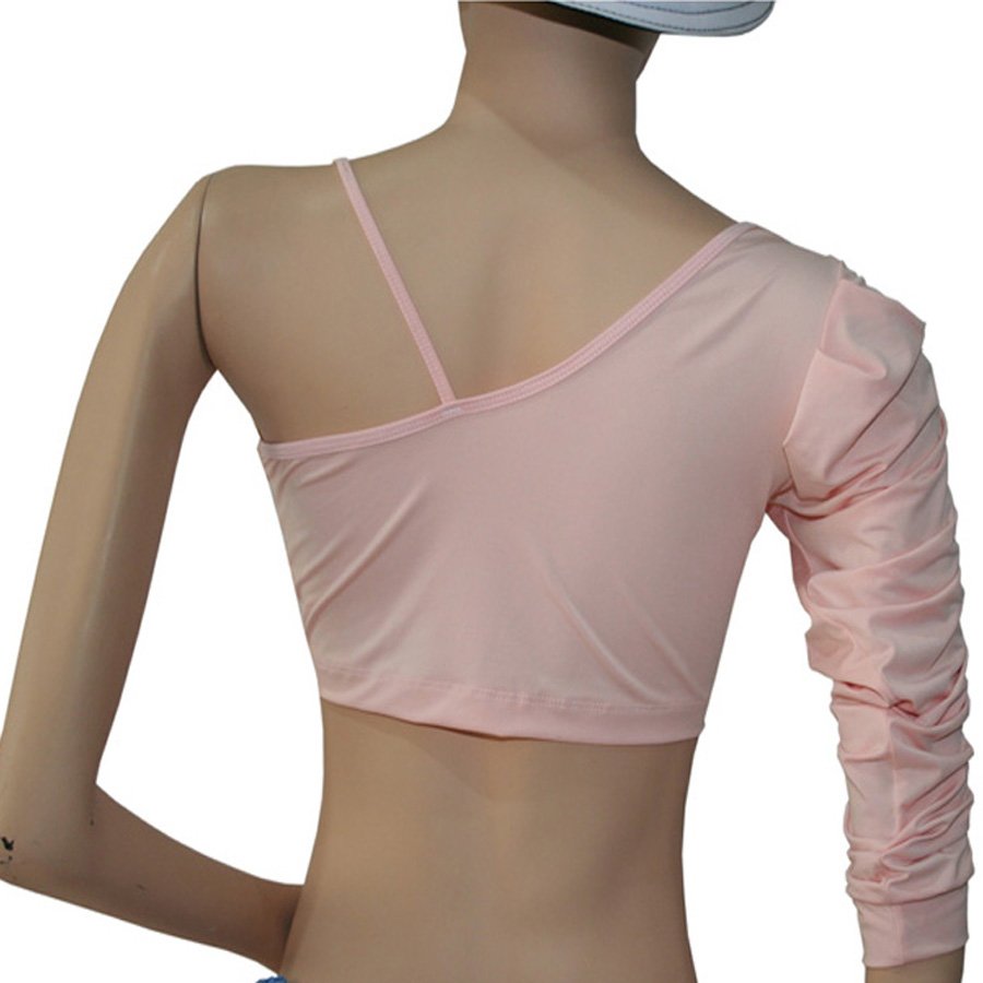 Blusa corta mujer de color rosado y café suave en busto. Espalda