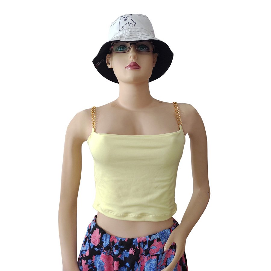 Blusa mujer amarilla escotada de tiras doradas