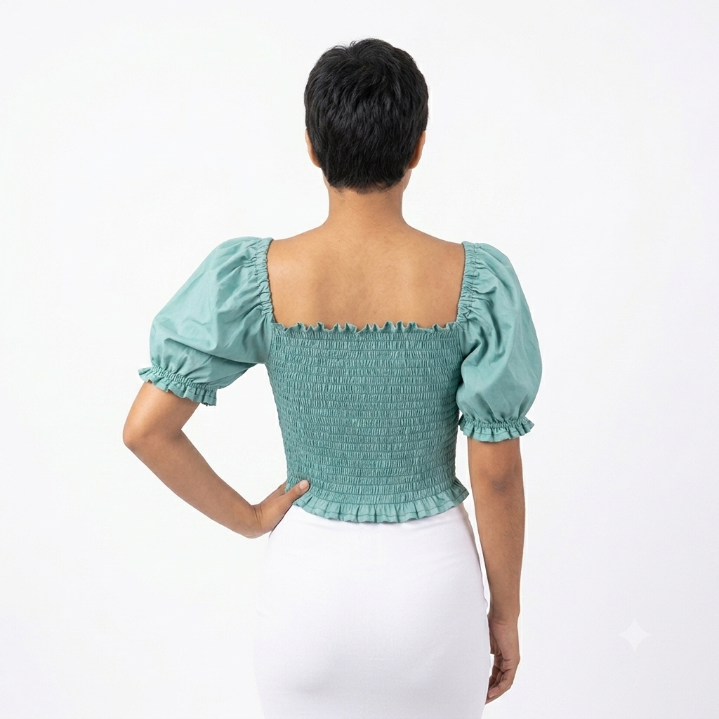 Blusa mujer verde mangas bombachas, espalda