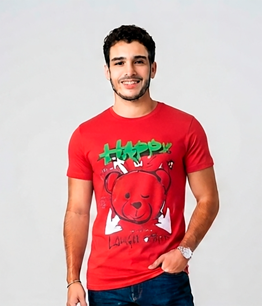 Camiseta hombre, roja, mangas cortas, algodón, estampada DTF, Oso Happy 