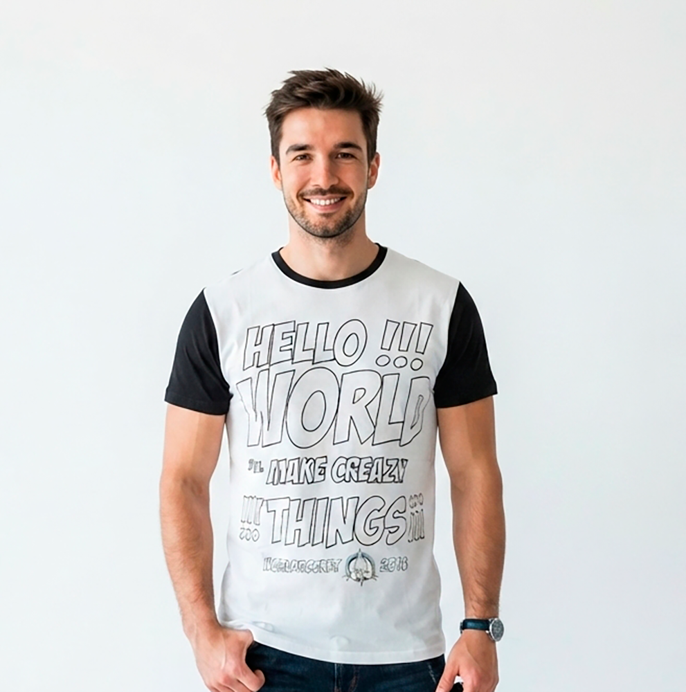 Camiseta Hombre, blanca Hello World mangas negras
