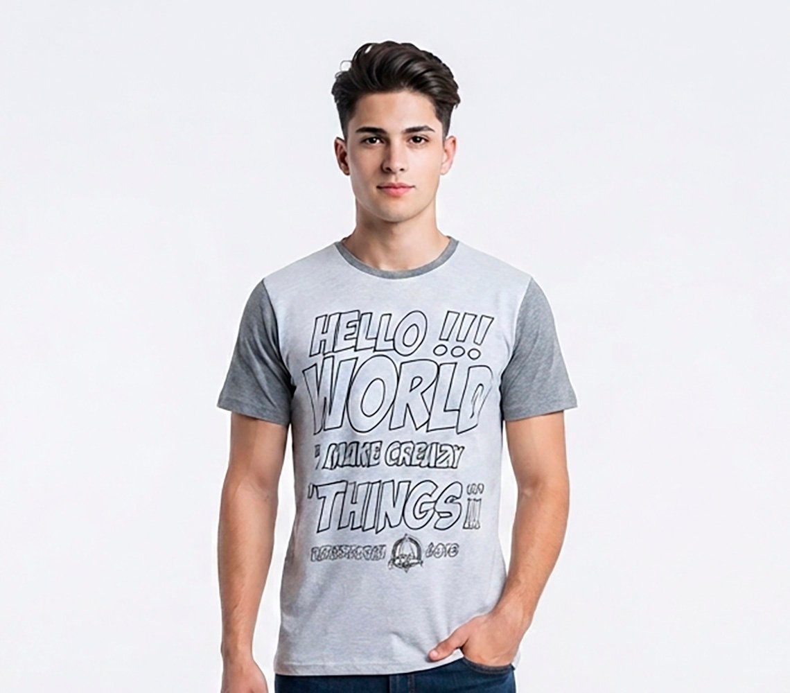 Camiseta Hombre, blanca Hello World mangas grises