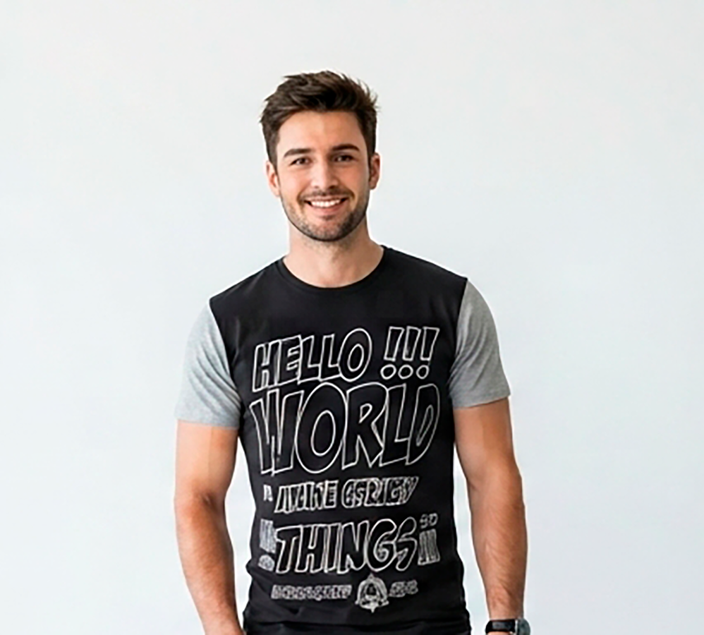 Camiseta Hombre, negra Hello World mangas grises