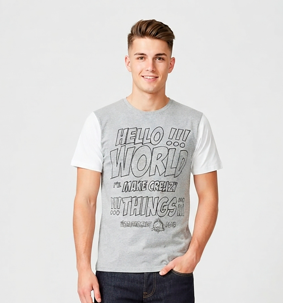 Camiseta Hombre, gris, Hello World mangas blancas